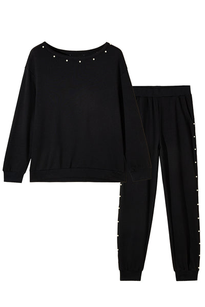 Black Beaded Decor Pullover and Jogger Pants Set-Loungewear-MomFashion