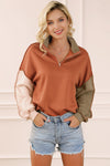 Khaki Exposed Seam Color Block Zipped Sweatshirt-Tops-MomFashion