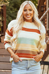 Crew Neck Drop-shoulder Striped Color Block Sweater-Tops-MomFashion