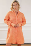 Orange Crinkled Dual Chest Pocket Oversized Shirt Dress-Dresses-MomFashion