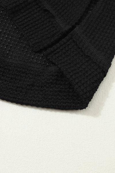 Black Waffle Knit High Slits Oversized Top-Tops-MomFashion