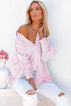 Pink Smocked Cuffed Striped Boyfriend Shirt with Pocket-Tops-MomFashion