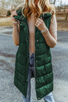 Green Hooded Long Quilted Vest Coat-Outerwear-MomFashion