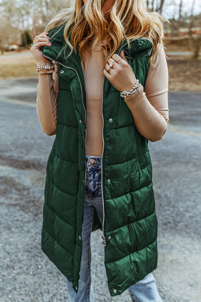 Green Hooded Long Quilted Vest Coat-Outerwear-MomFashion