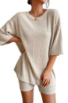 Apricot Plain Ribbed Loose Fit Two Piece Lounge Set-Loungewear-MomFashion