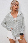 White Striped Thumbhole Drop Shoulder V Neck Top-Tops-MomFashion