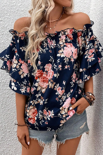 Blue Ruffle Off Shoulder Flounce Sleeve Floral Blouse-Tops-MomFashion