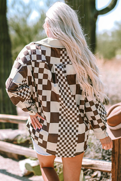 Brown Checkered Print Patchwork Corduroy Shacket-Outerwear/Jackets-MomFashion