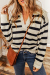 Apricot Striped Knit Drop Shoulder Collared V Neck Sweater-Tops-MomFashion