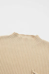 Oatmeal Patch Pocket Ribbed Knit Short Sleeve Sweater-Tops-MomFashion