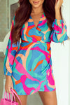 Multicolor Abstract Print Wrap V Neck Puff Sleeve Dress-Dresses-MomFashion