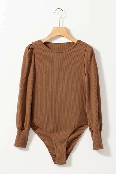 Brown Ribbed Balloon Sleeve Bodysuit-Tops-MomFashion