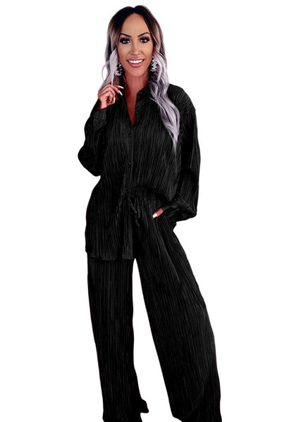 Black Pleated Long Sleeve Shirt and Wide-Leg Pants Set-Loungewear-MomFashion