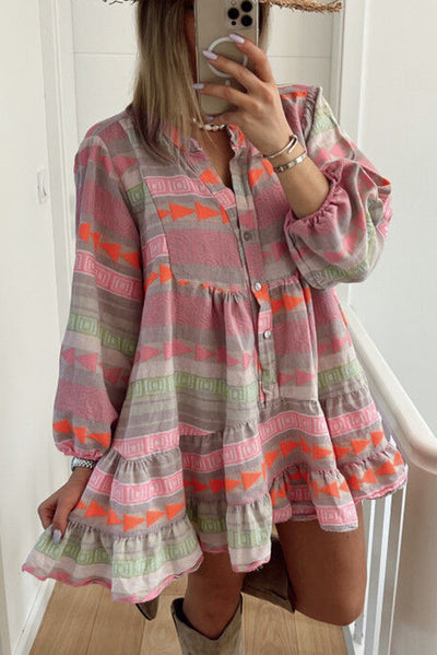 Multicolour Boho Print Puff Sleeve Buttoned Babydoll Dress-Dresses-MomFashion