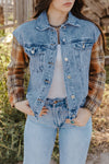 Sky Blue Medium Wash Plaid Sleeves Denim Jacket-Outerwear-MomFashion