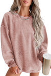 Pink Solid Ribbed Knit Round Neck Pullover Sweatshirt-Tops-MomFashion