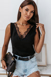 Black Lace Splicing Open Back V Neck Tank Top-Tops-MomFashion