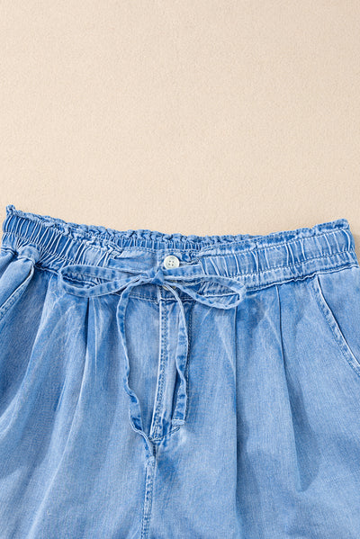 Beau Blue Casual Chambray Drawstring Shorts-Bottoms-MomFashion