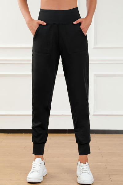 Black Exposed Seam High Waist Pocketed Joggers-Bottoms-MomFashion