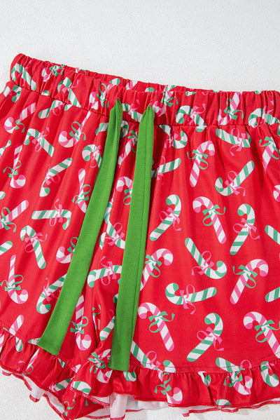 Red Christmas Candy Cane Print Pocketed Knotted Pajama Set-Loungewear & Sleepwear/Sleepwear-MomFashion