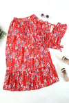 Fiery Red Multicolor Floral Ruffled Crop Top and Maxi Skirt Set-Dresses-MomFashion