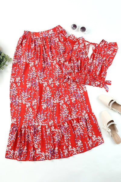 Fiery Red Multicolor Floral Ruffled Crop Top and Maxi Skirt Set-Dresses-MomFashion