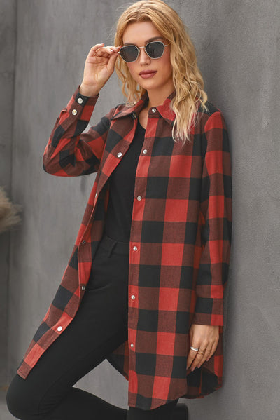 Fiery Red Turn-down Collar Plaid Shirt Coat-Outerwear-MomFashion