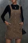 Brown O-ring Zip Up Pocketed Corduroy Dress-Dresses-MomFashion