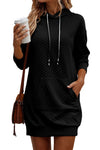 Black Drawstring Kangaroo Pocket Quilted Hooded Dress-Dresses-MomFashion