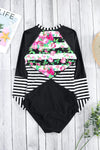 Floral Striped Patchwork Rashguard One-piece Swimsuit-Swimwear-MomFashion