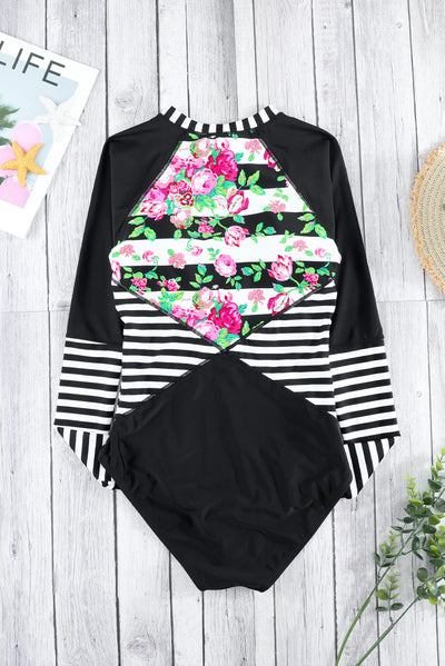 Floral Striped Patchwork Rashguard One-piece Swimsuit-Swimwear-MomFashion