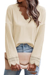 Apricot Ribbed Texture Lace Trim V Neck Long Sleeve Top-Tops-MomFashion