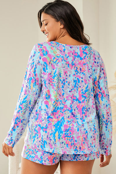 Sky Blue Plus Size Floral Print Long Sleeve and Shorts Lounge Outfit-Plus Size-MomFashion