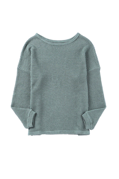 Green Waffle Knit Drop Shoulder Long Sleeve Top-Tops-MomFashion