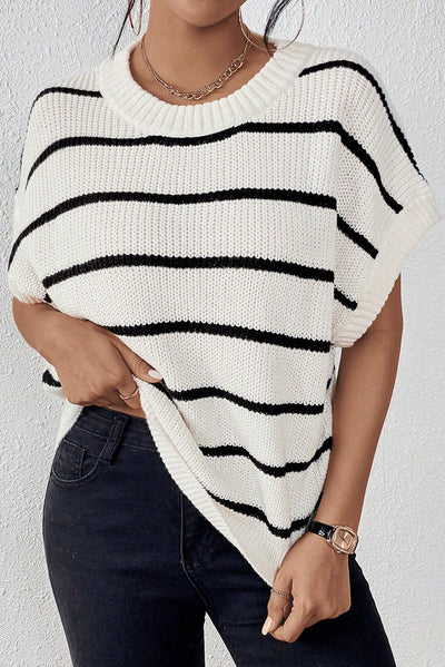 White Stripe Striped Pattern Batwing Sleeve Sweater-Tops-MomFashion