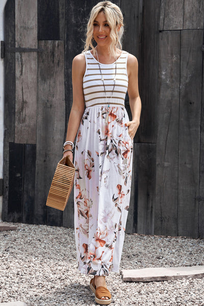 White Striped Floral Print Sleeveless Maxi Dress with Pocket-Dresses-MomFashion