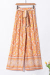 Grapefruit Orange Tie Waist Boho Floral Wide Leg Pants-Bottoms-MomFashion