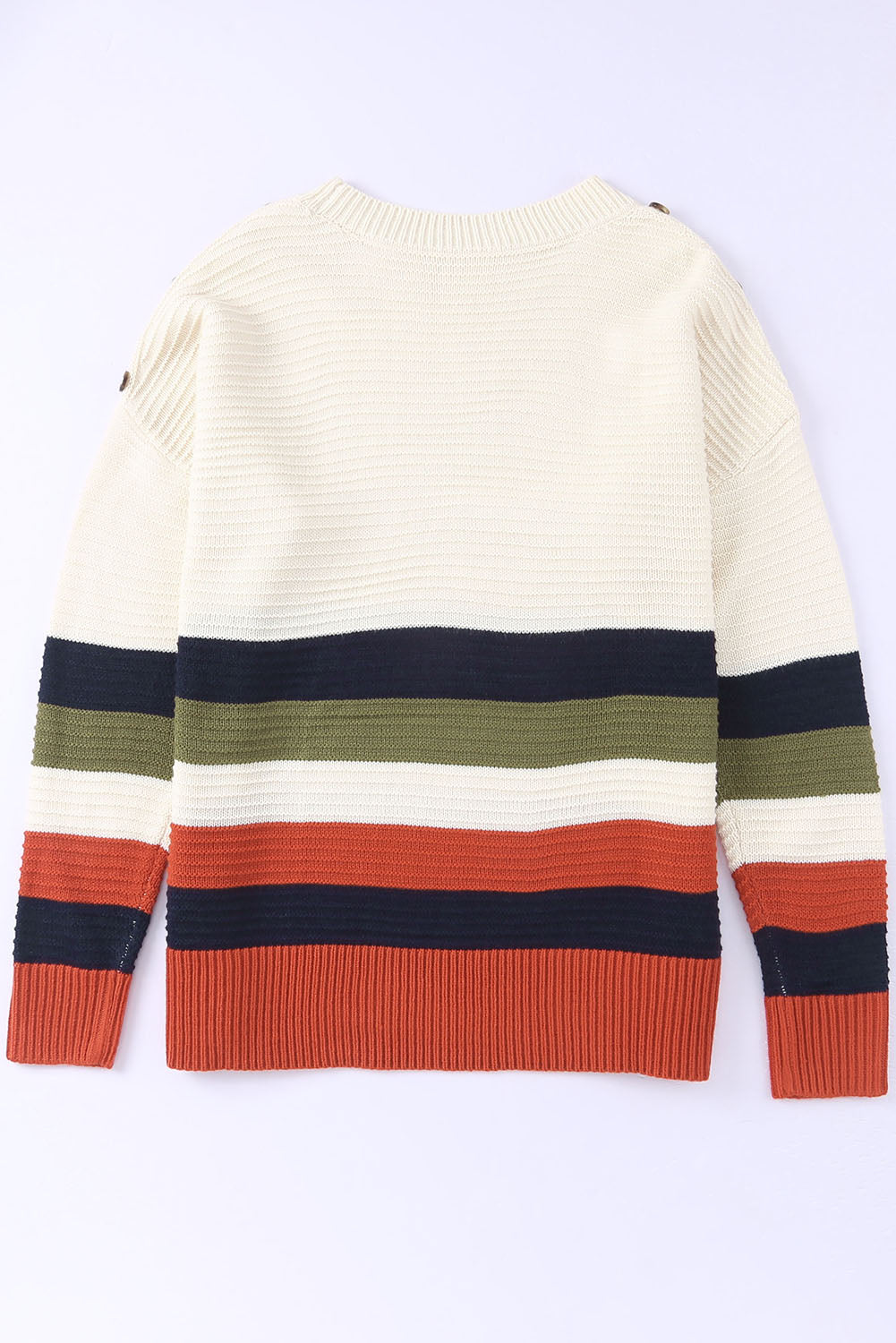 White Buttoned Shoulder Drop Shoulder Striped Sweater-Tops-MomFashion