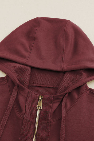 Brown Raw Edge Exposed Seam Full Zip Hoodie-Tops-MomFashion