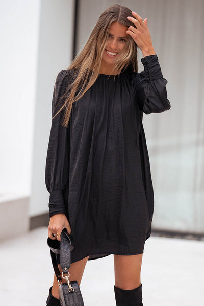 Black Solid Bishop Sleeve Pleated Mini Dress-Dresses-MomFashion