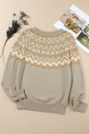 Gray Geometric Pattern Ribbed Round Neck Sweater-Tops-MomFashion