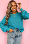 Turquoise Ruffled Eyelet Bubble Sleeve Sweater-Sweaters & Cardigans/Sweaters-MomFashion