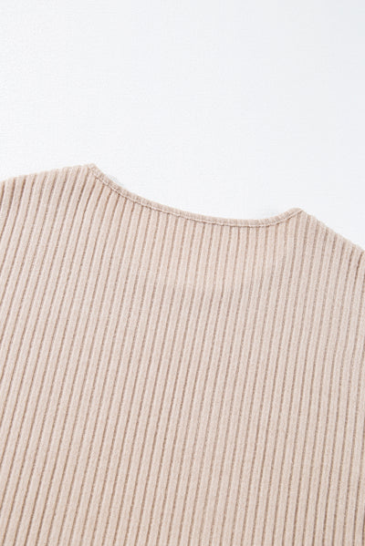 Beige Lettuce Cuffs Drop Shoulder Loose Ribbed Knit Top-Tops-MomFashion