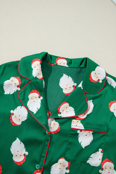 Green Christmas Santa Claus Print Satin Shirt and Shorts Set-Loungewear & Sleepwear/Sleepwear-MomFashion