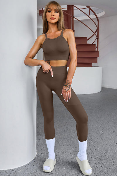 Brown Ribbed Knit 3pcs Sports Set-Activewear-MomFashion