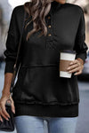 Black Ribbed Hem Snap Button Neckline Sweatshirt with Pocket-Tops-MomFashion