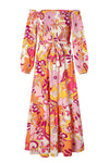 Multicolour Boho Floral Smocked Off Shoulder Puff Sleeve Maxi Dress-Dresses-MomFashion