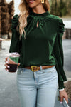 Blackish Green Mock Neck Puff Sleeve Velvet Blouse-Tops-MomFashion