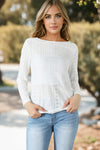 White Floral Lace Splicing Eyelet Long Sleeve Top-Tops-MomFashion