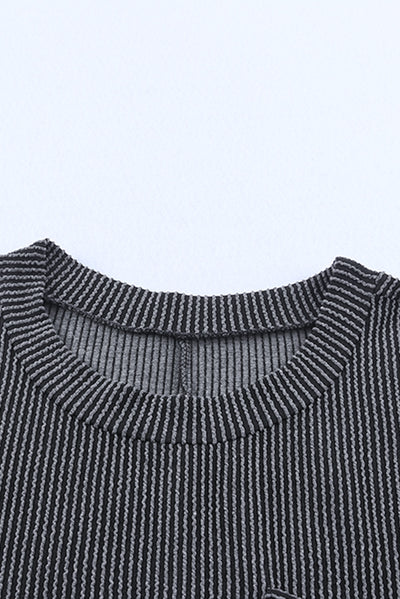 Gray Striped Ribbed Knit T-shirt Shift Dress-Dresses-MomFashion